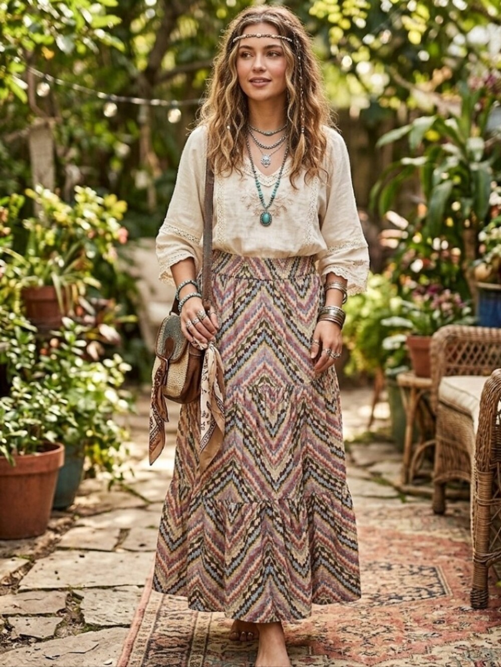 Full Tiered Midi Skirt S Boho Zig Zag Sonoma